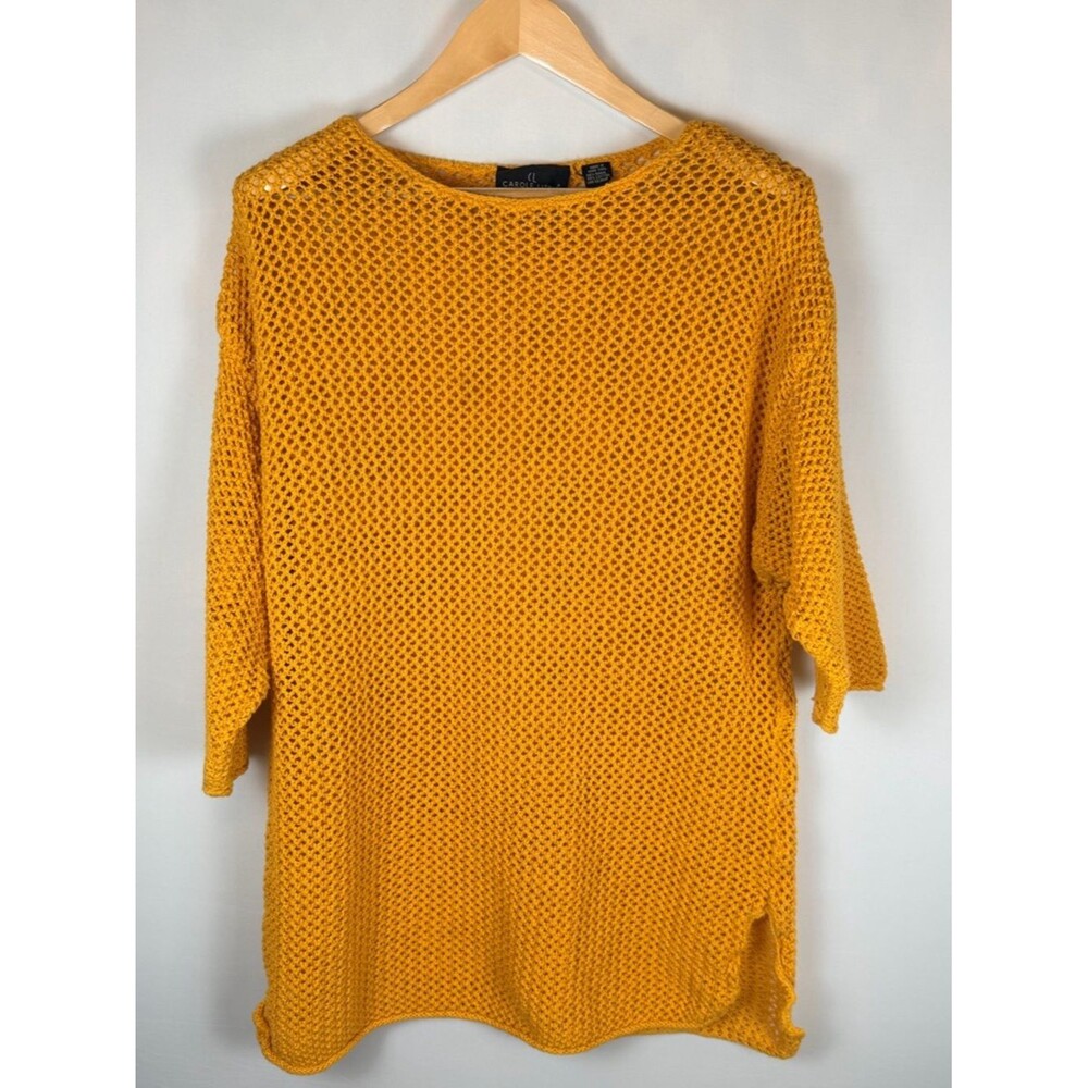 Carole Little Sport Medium Mustard Open Knit Sweater Short Sleeve Coastal Boho